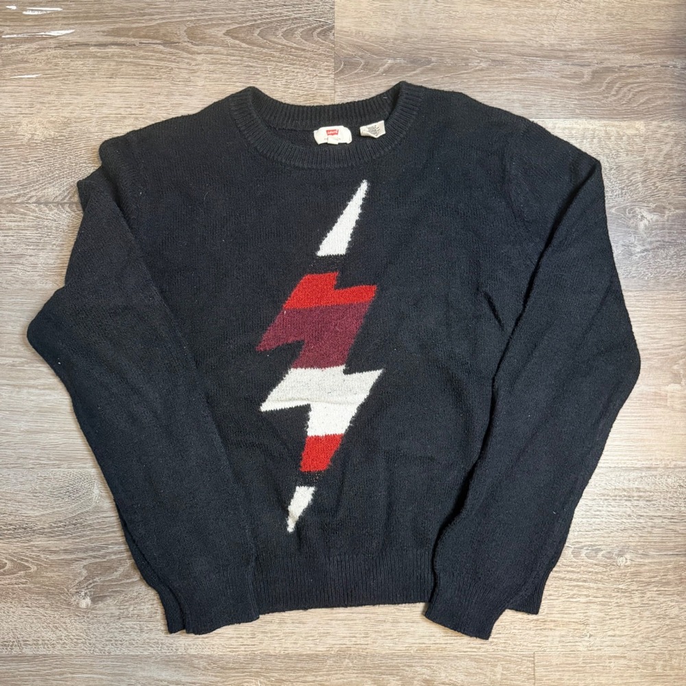 Y2K Levis Black Lightning Bolt Graphic Knit Crewneck Sweater Small White Stripe
